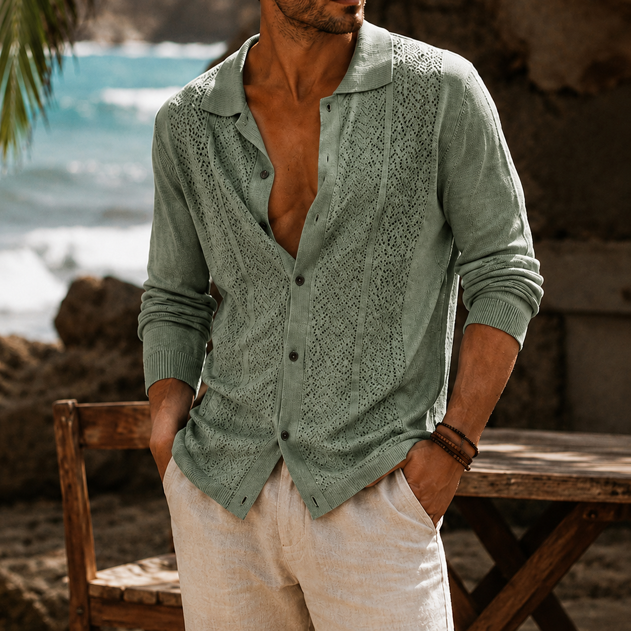 Mivanity Men's Openwork Knit Long Sleeve Button Front Shirt Lightweight Casual Resort Cardigan