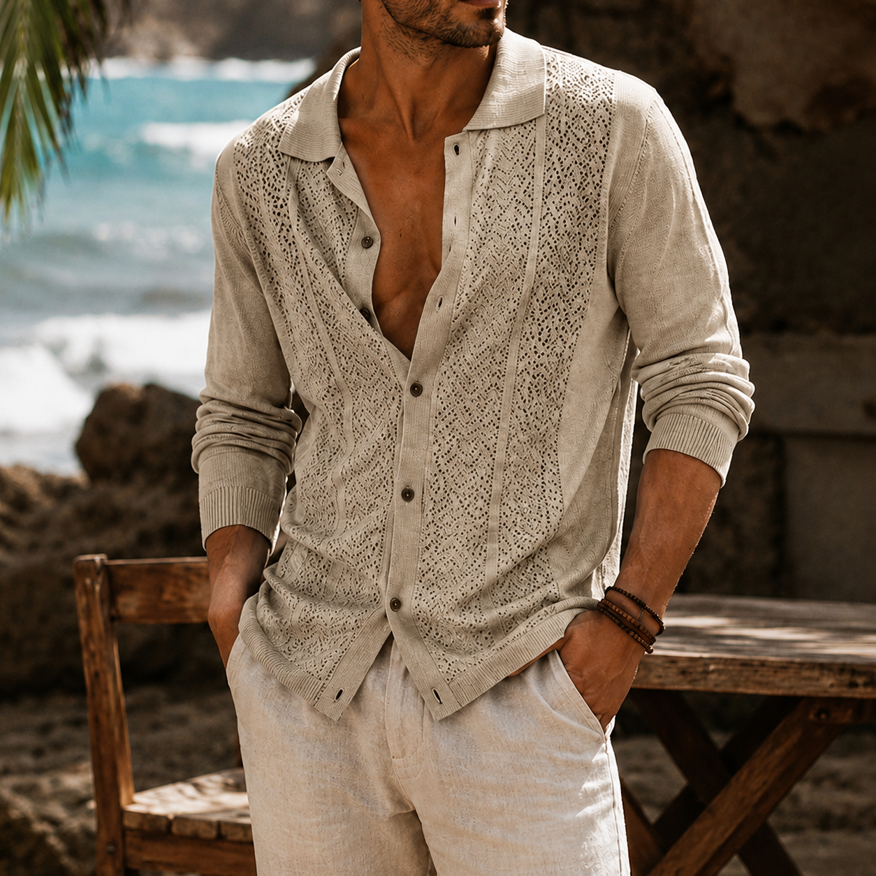 Mivanity Men's Openwork Knit Long Sleeve Button Front Shirt Lightweight Casual Resort Cardigan