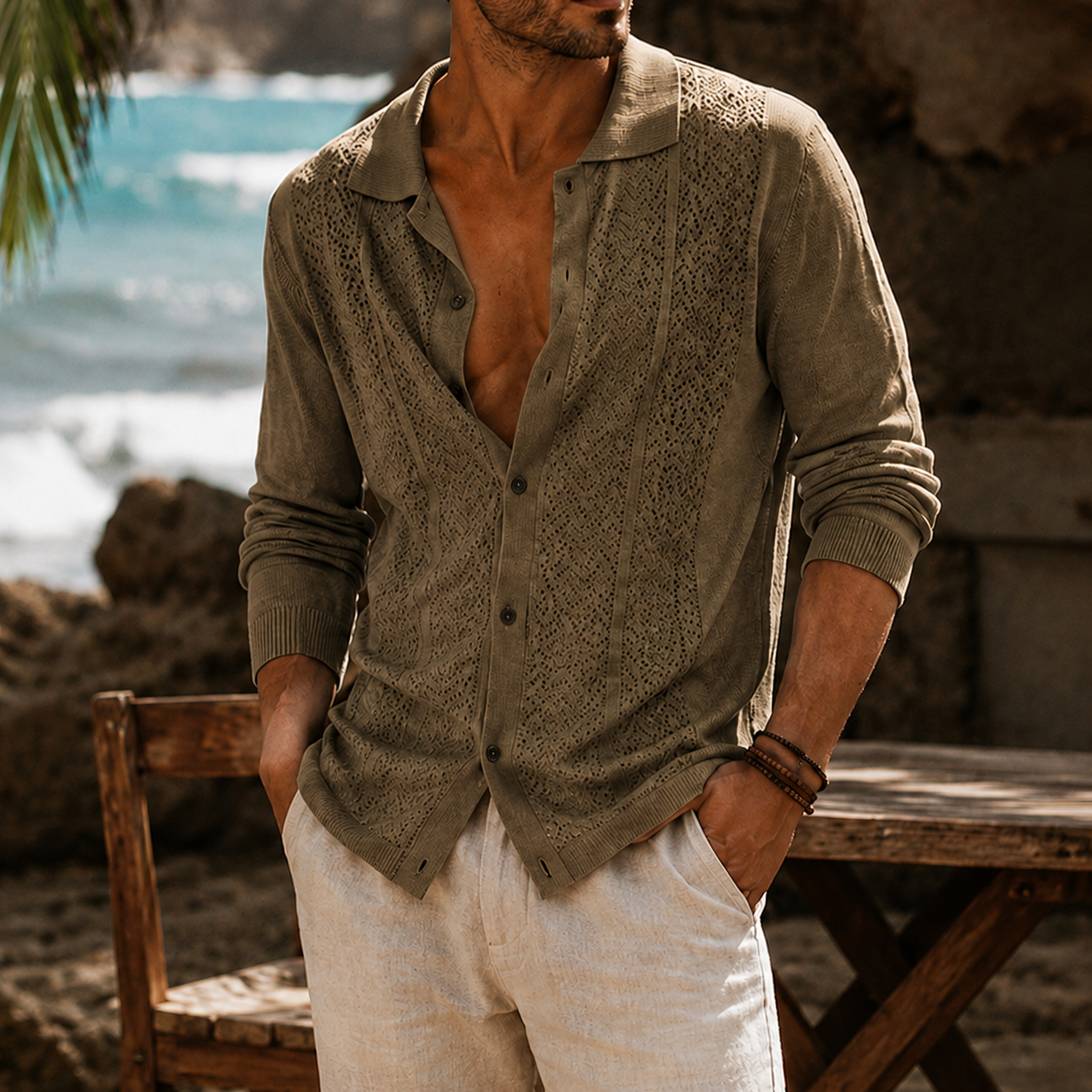 Mivanity Men's Openwork Knit Long Sleeve Button Front Shirt Lightweight Casual Resort Cardigan