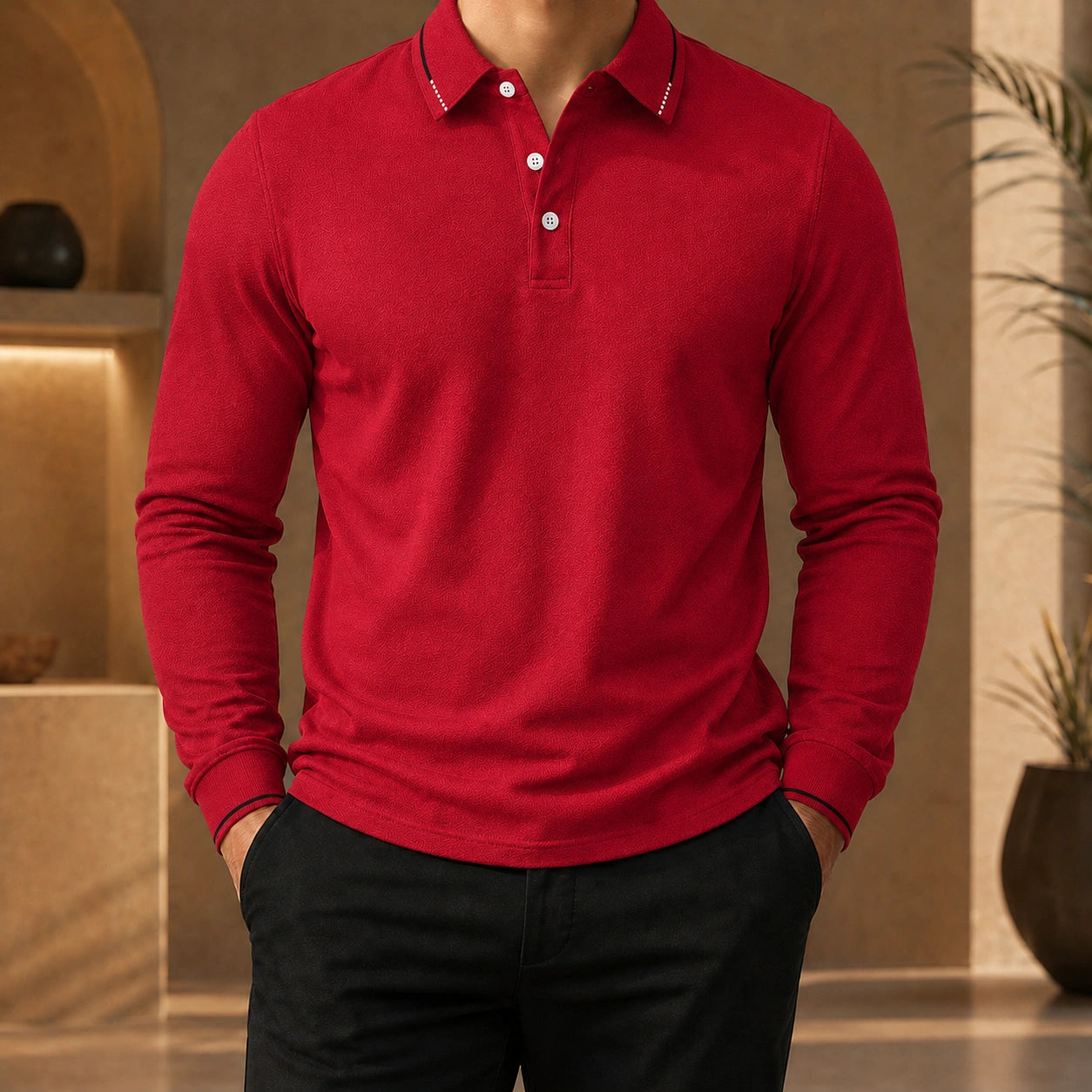 Mivanity Men's Pleated Asymmetric Long-Sleeve Polo Shirts