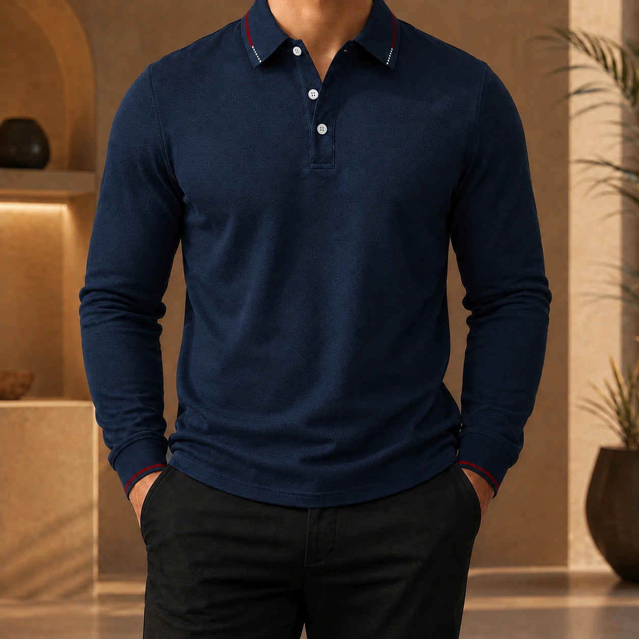 Mivanity Men's Pleated Asymmetric Long-Sleeve Polo Shirts