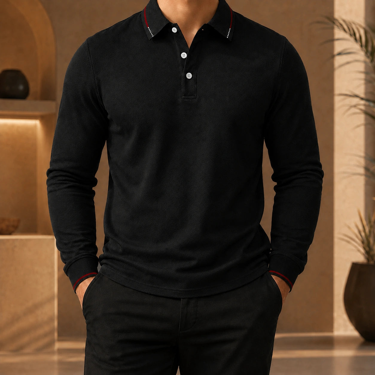 Mivanity Men's Pleated Asymmetric Long-Sleeve Polo Shirts