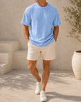 Mivanity Men's Pleated Vertical Striped Fabric Casual Short Sleeve T-shirt