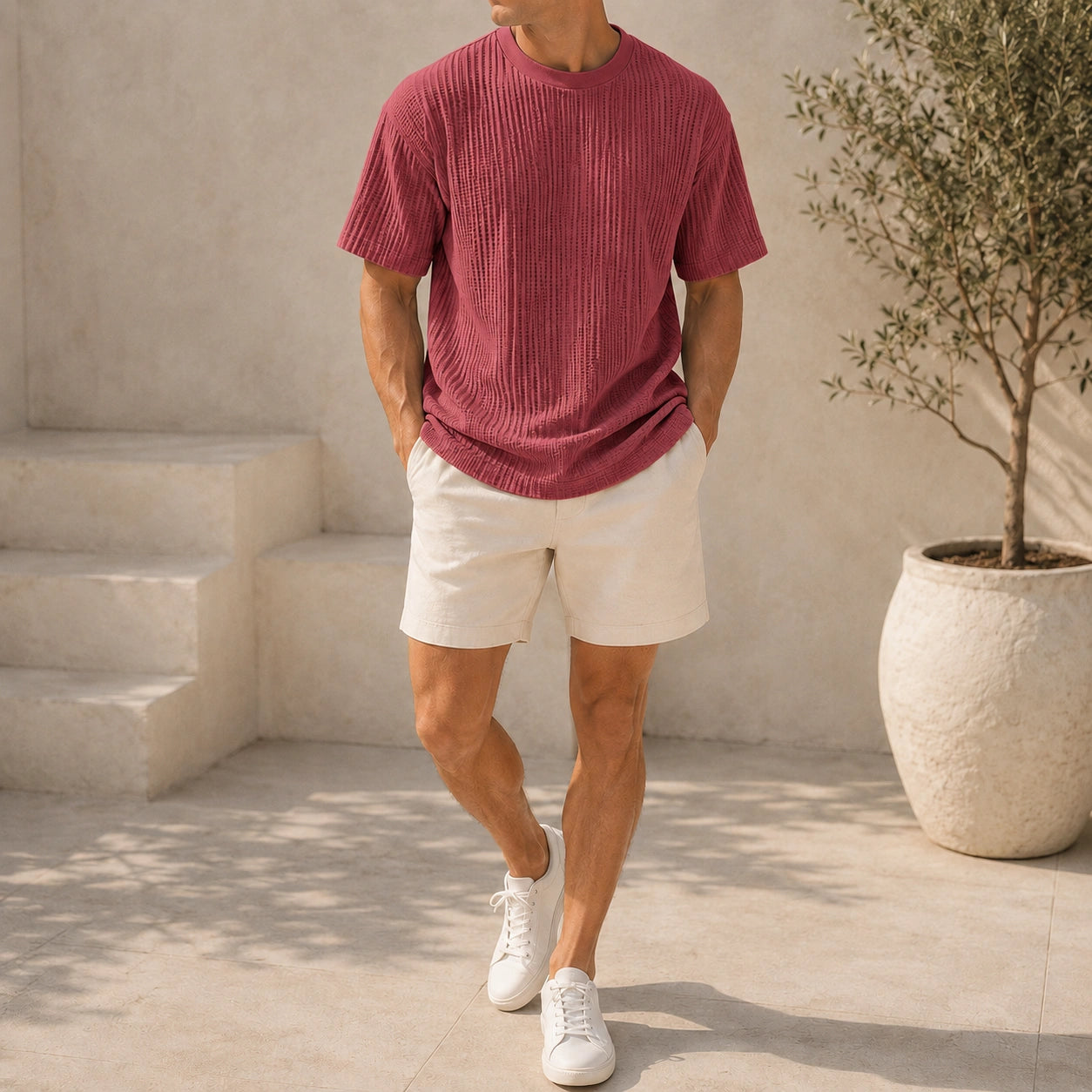 Mivanity Men's Pleated Vertical Striped Fabric Casual Short Sleeve T-shirt