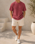 Mivanity Men's Pleated Vertical Striped Fabric Casual Short Sleeve T-shirt