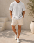 Mivanity Men's Pleated Vertical Striped Fabric Casual Short Sleeve T-shirt