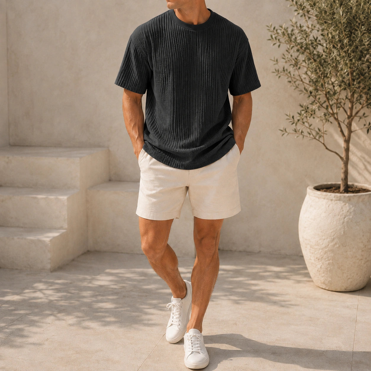 Mivanity Men's Pleated Vertical Striped Fabric Casual Short Sleeve T-shirt