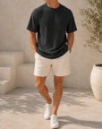 Mivanity Men's Pleated Vertical Striped Fabric Casual Short Sleeve T-shirt