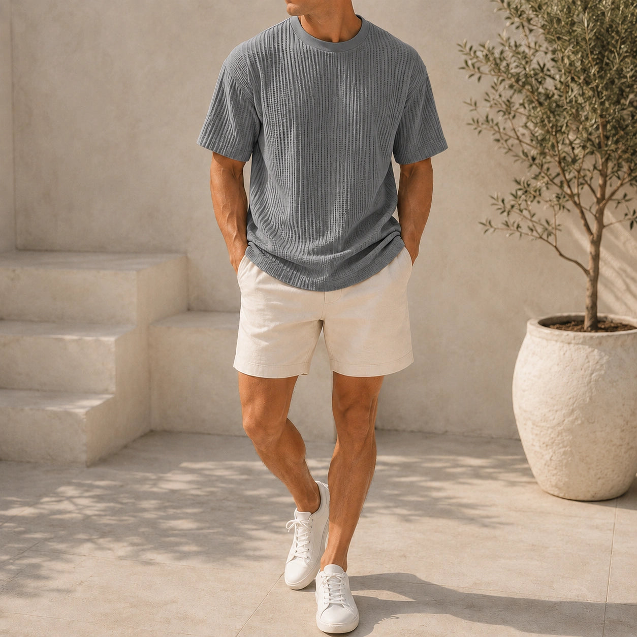 Mivanity Men's Pleated Vertical Striped Fabric Casual Short Sleeve T-shirt