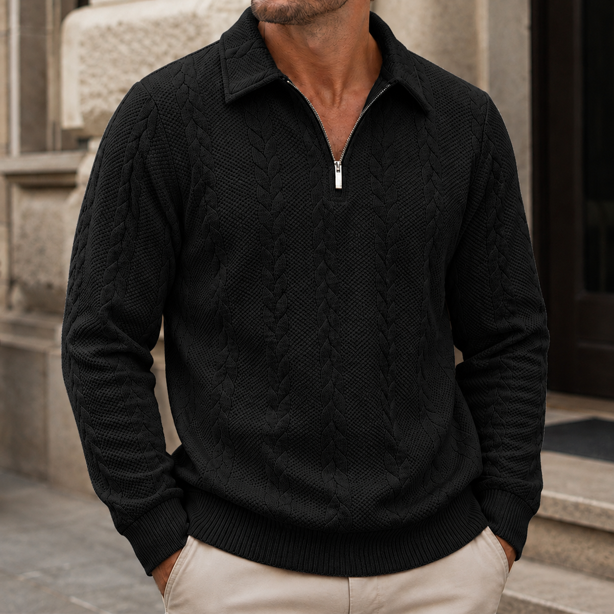 Mivanity Men's Premium Cable Knit Quarter Zip Sweater Classic Collared Pullover