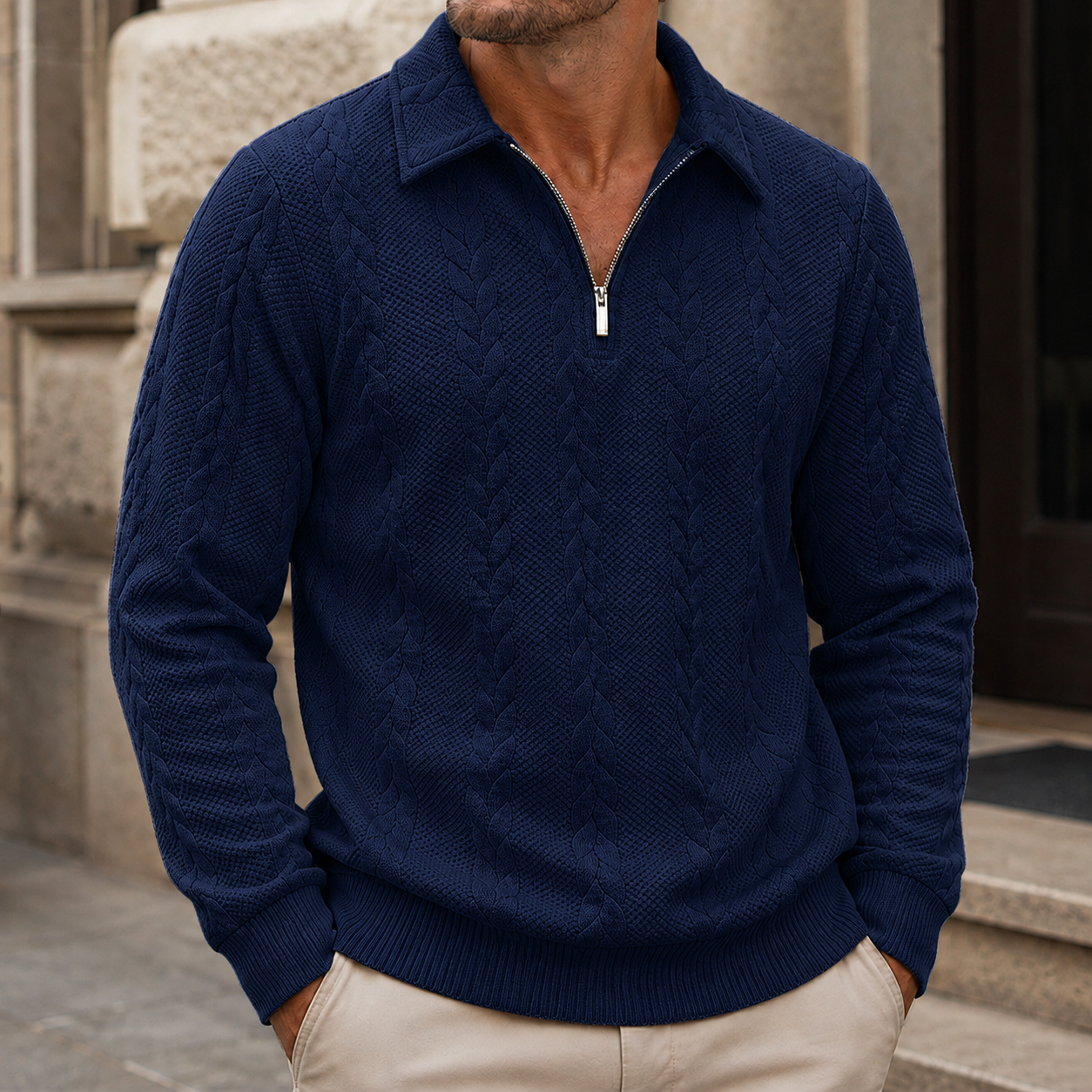 Mivanity Men's Premium Cable Knit Quarter Zip Sweater Classic Collared Pullover