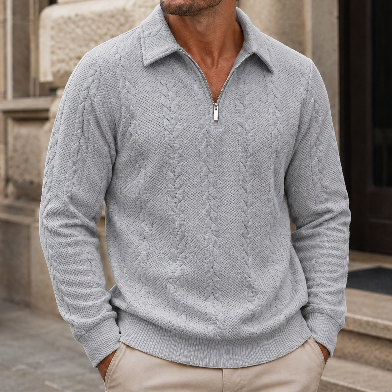 Mivanity Men's Premium Cable Knit Quarter Zip Sweater Classic Collared Pullover