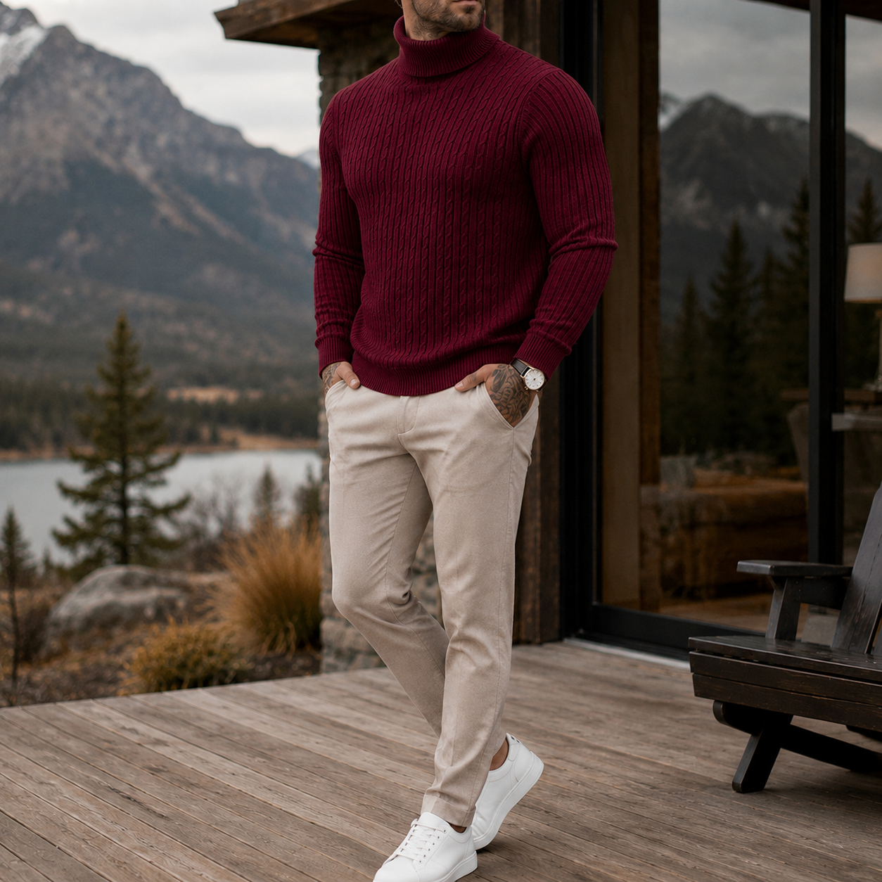 Mivanity Men's Premium Cable Knit Turtleneck Sweater Classic Warm Casual Pullover