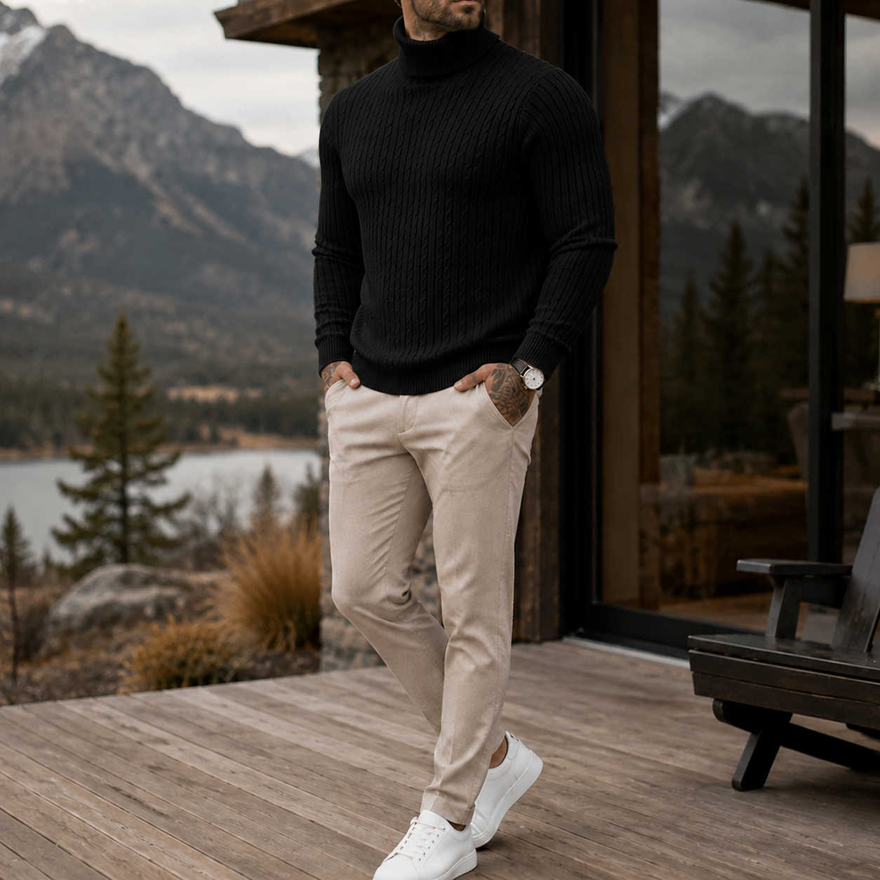 Mivanity Men's Premium Cable Knit Turtleneck Sweater Classic Warm Casual Pullover