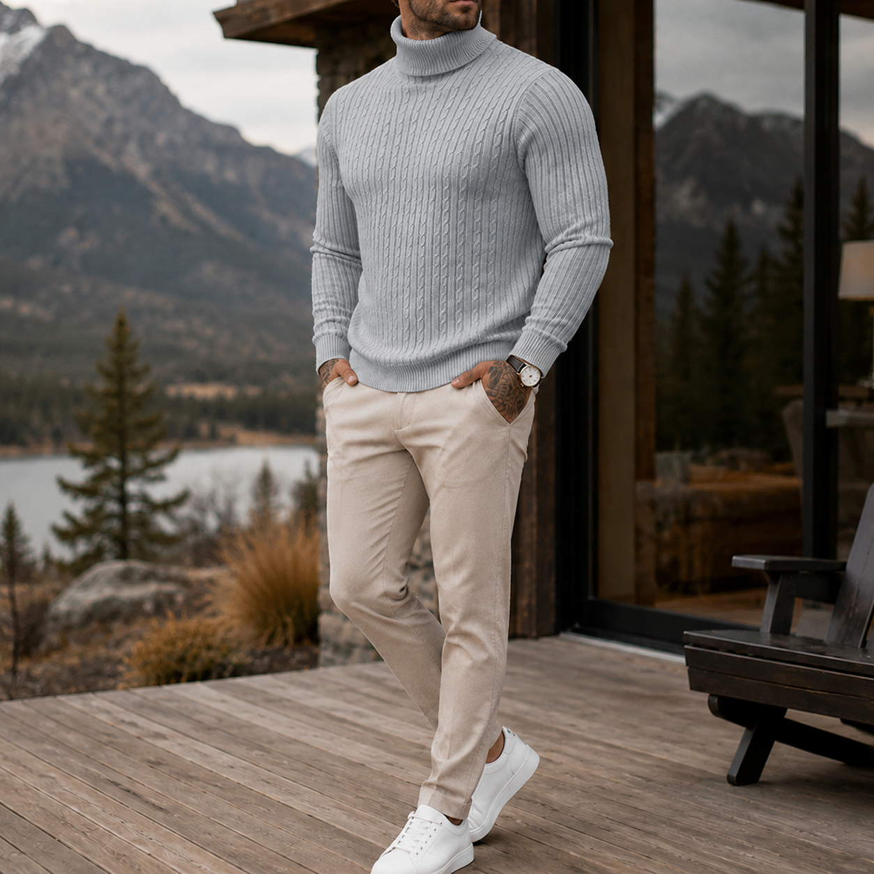 Mivanity Men's Premium Cable Knit Turtleneck Sweater Classic Warm Casual Pullover