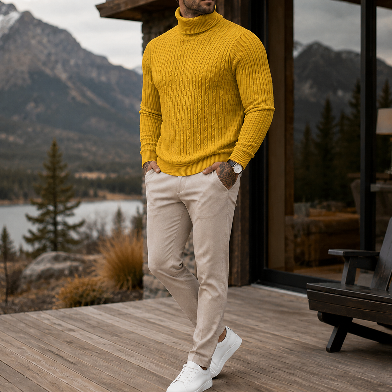 Mivanity Men's Premium Cable Knit Turtleneck Sweater Classic Warm Casual Pullover