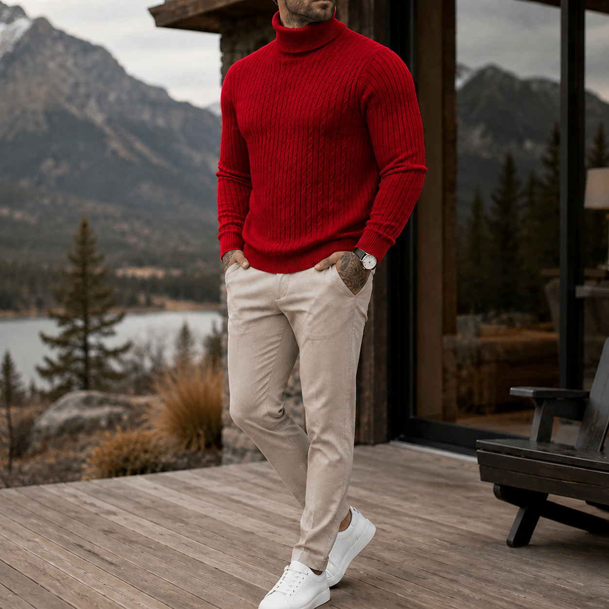 Mivanity Men's Premium Cable Knit Turtleneck Sweater Classic Warm Casual Pullover