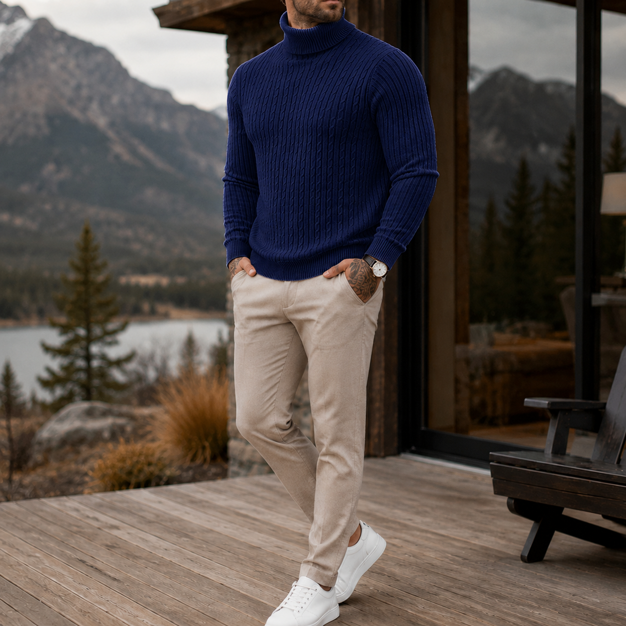 Mivanity Men's Premium Cable Knit Turtleneck Sweater Classic Warm Casual Pullover