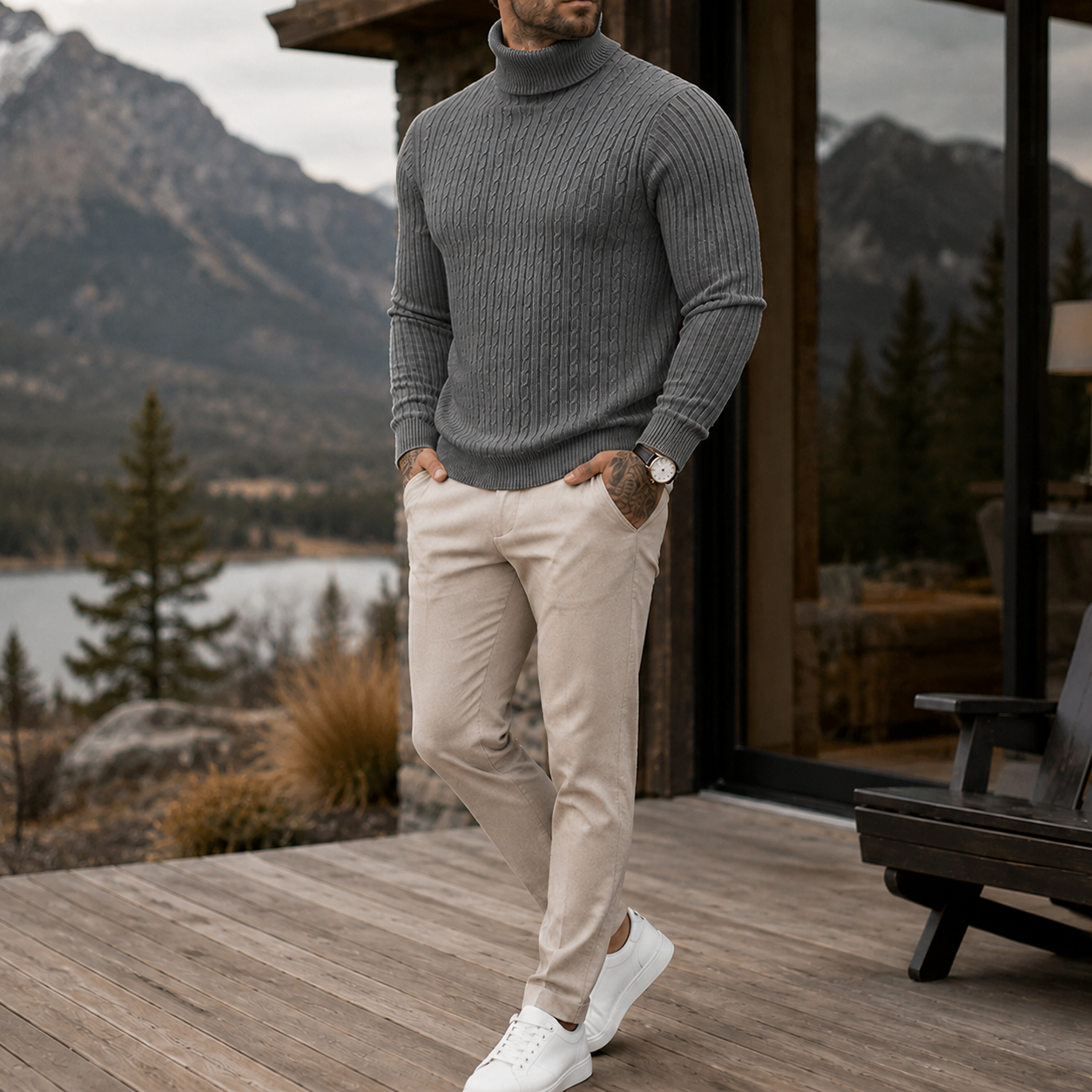 Mivanity Men's Premium Cable Knit Turtleneck Sweater Classic Warm Casual Pullover