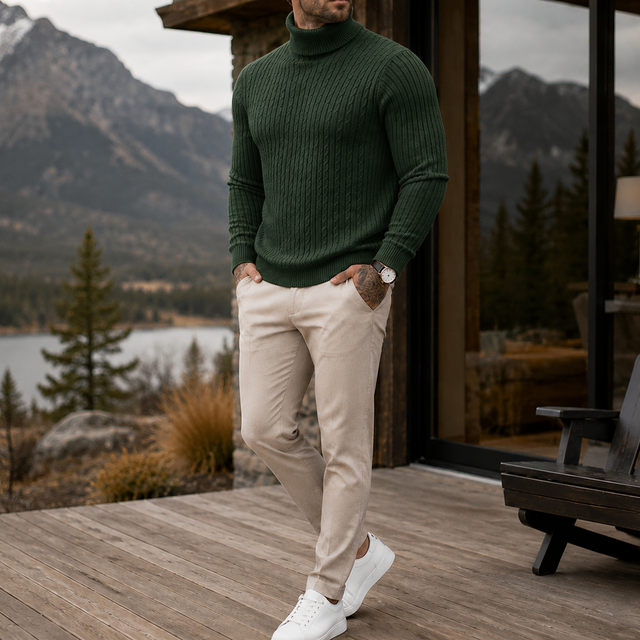 Mivanity Men's Premium Cable Knit Turtleneck Sweater Classic Warm Casual Pullover
