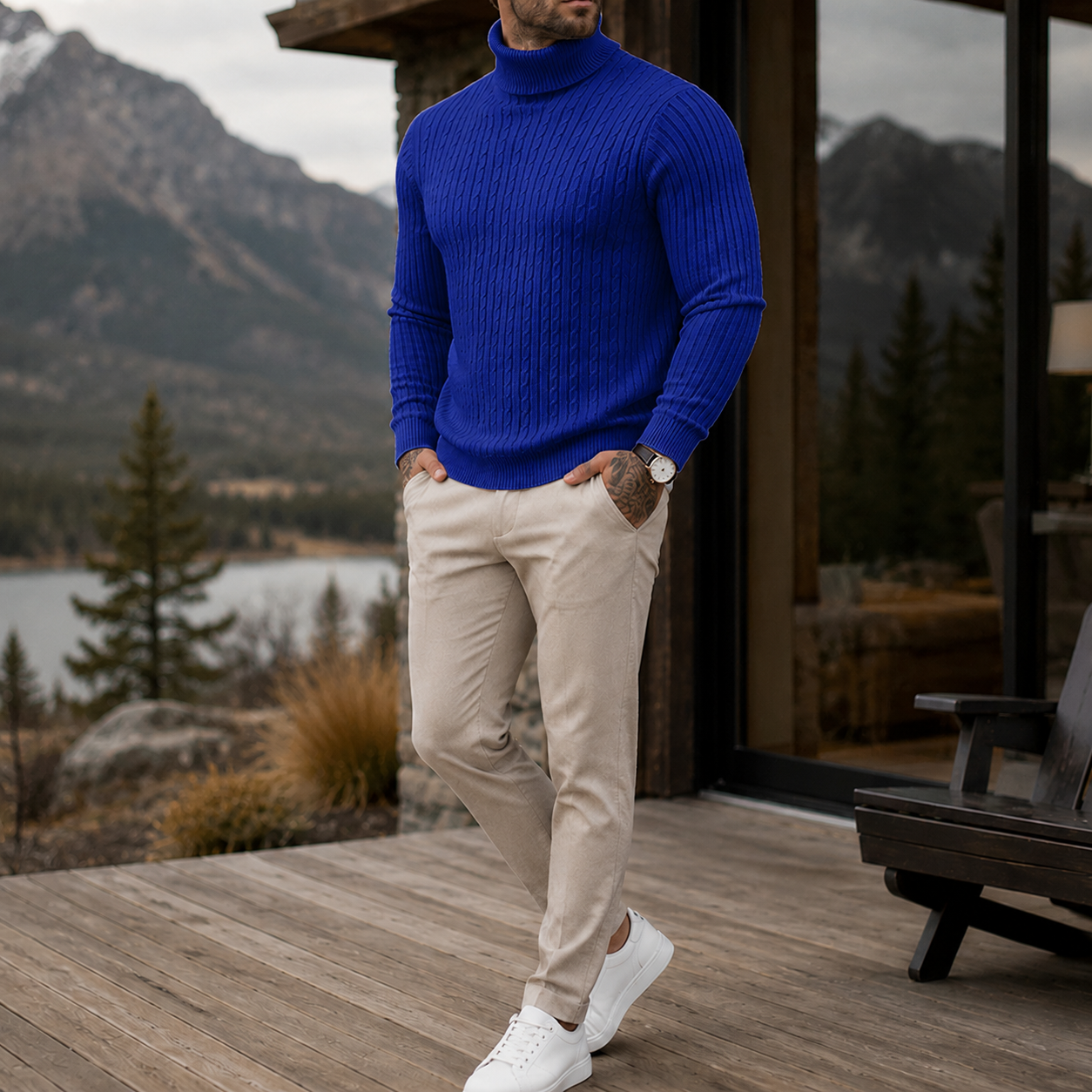 Mivanity Men's Premium Cable Knit Turtleneck Sweater Classic Warm Casual Pullover