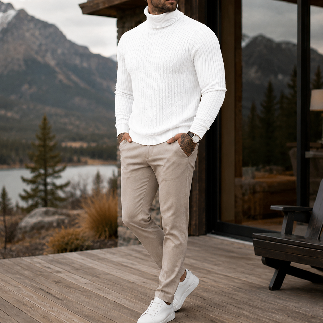 Mivanity Men's Premium Cable Knit Turtleneck Sweater Classic Warm Casual Pullover