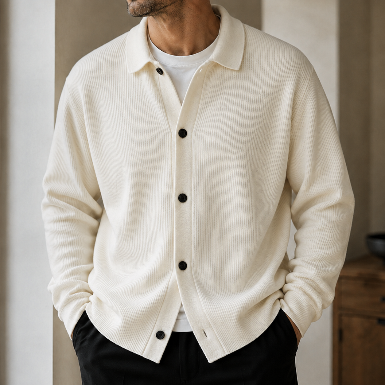 Mivanity Men's Premium Ribbed Knit Cardigan Classic Collared Button-Up Sweater