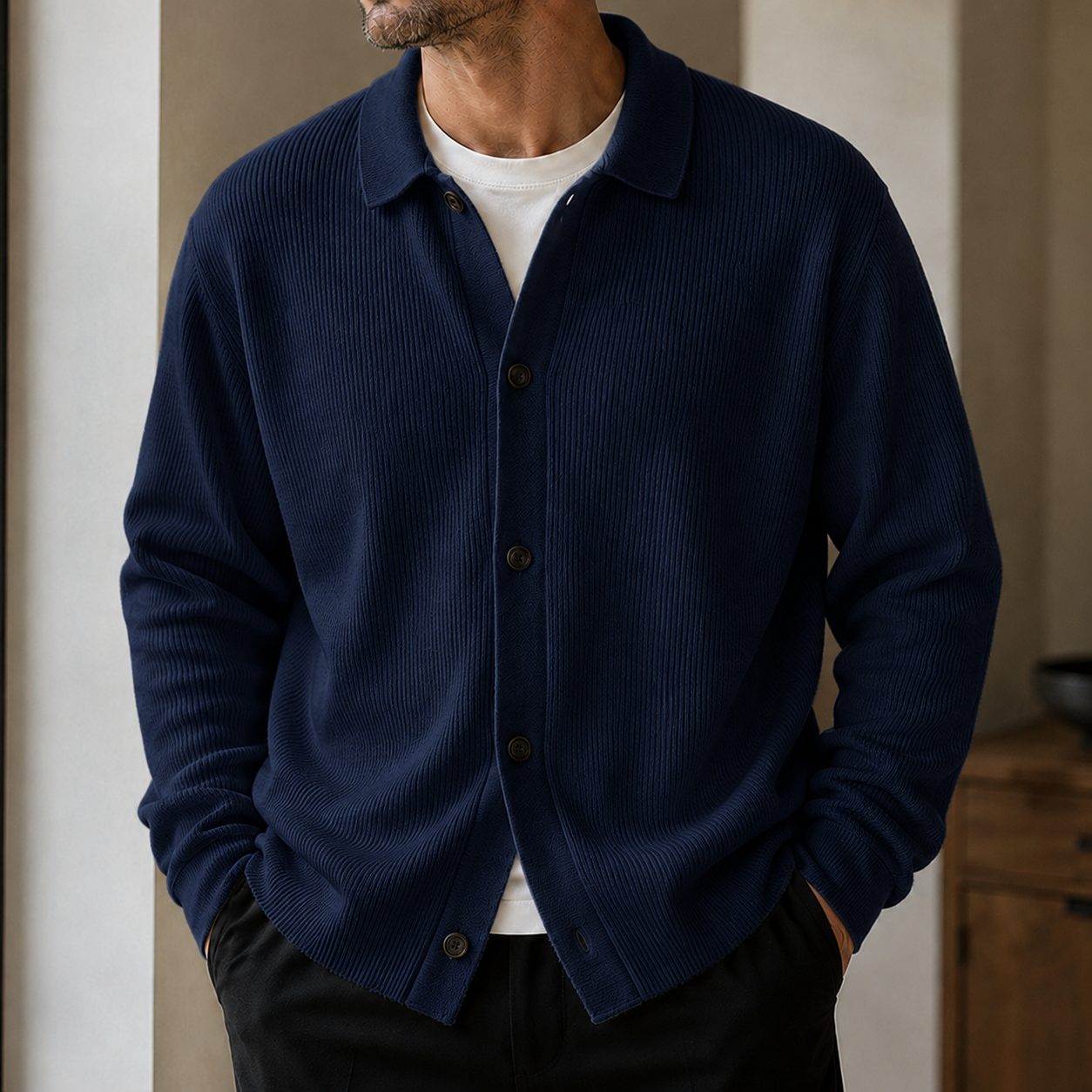 Mivanity Men's Premium Ribbed Knit Cardigan Classic Collared Button-Up Sweater