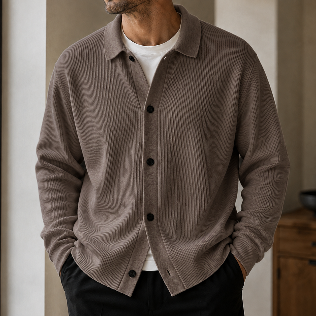 Mivanity Men's Premium Ribbed Knit Cardigan Classic Collared Button-Up Sweater