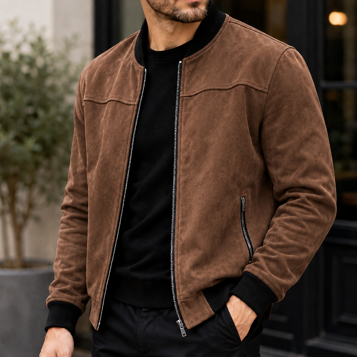 Mivanity Men's Premium Suede Bomber Jacket Vintage Casual Zip-Up Outerwear