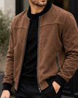 Mivanity Men's Premium Suede Bomber Jacket Vintage Casual Zip-Up Outerwear