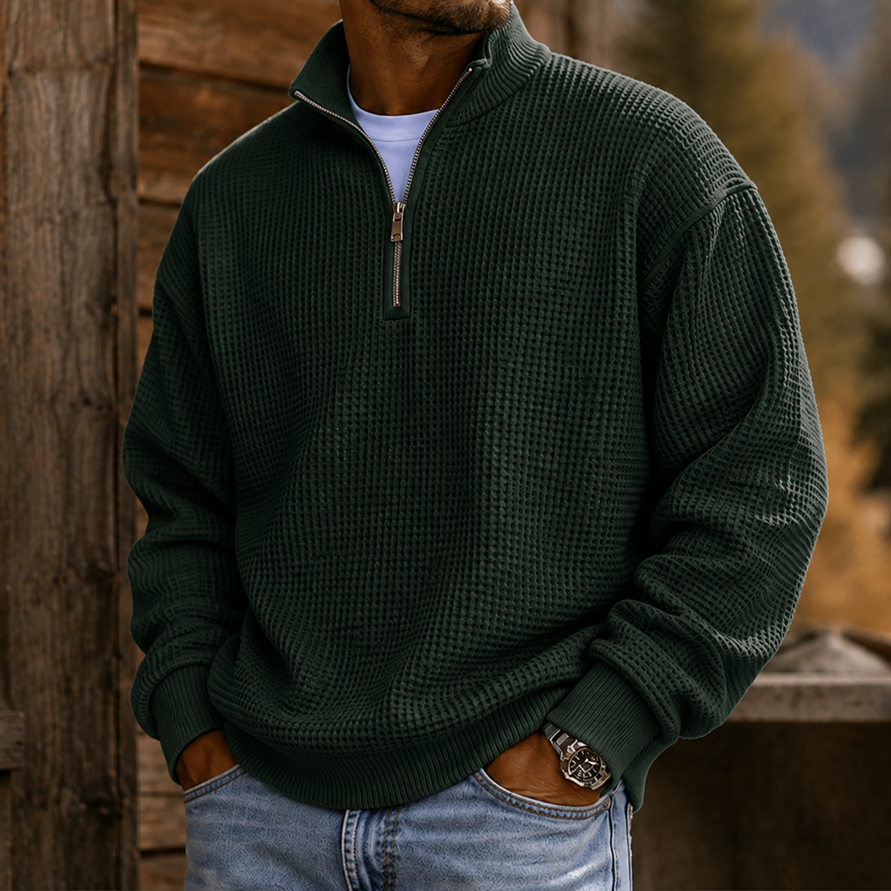 Mivanity Men's Premium Waffle Knit Quarter Zip Pullover Casual Outdoor Sweater