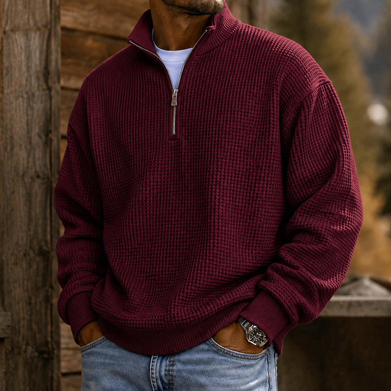Mivanity Men's Premium Waffle Knit Quarter Zip Pullover Casual Outdoor Sweater