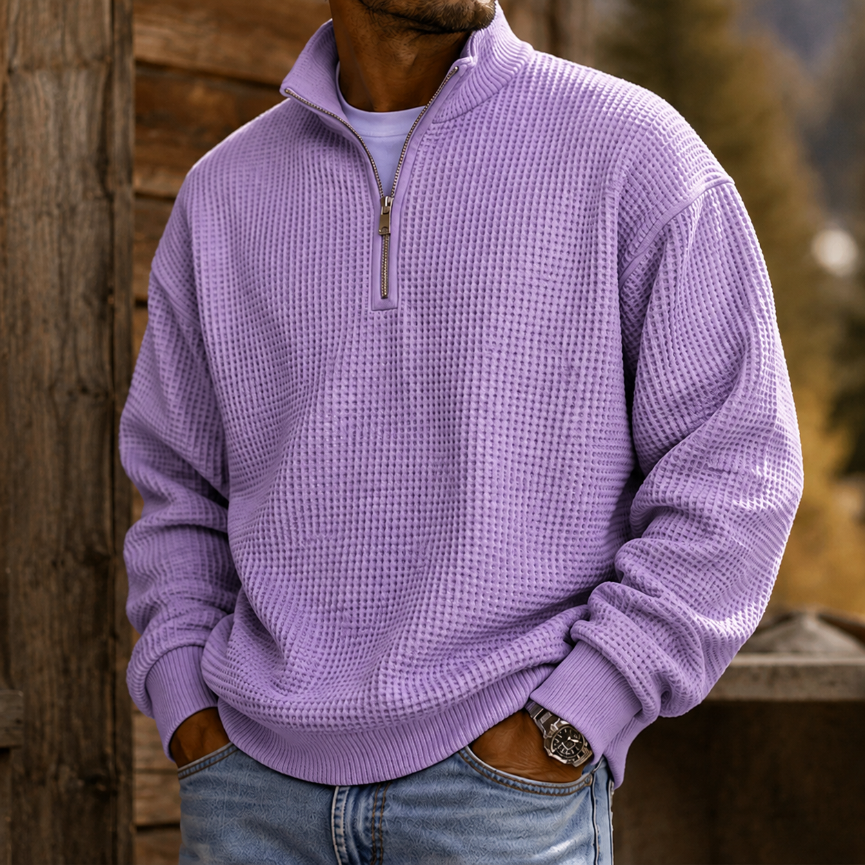Mivanity Men's Premium Waffle Knit Quarter Zip Pullover Casual Outdoor Sweater