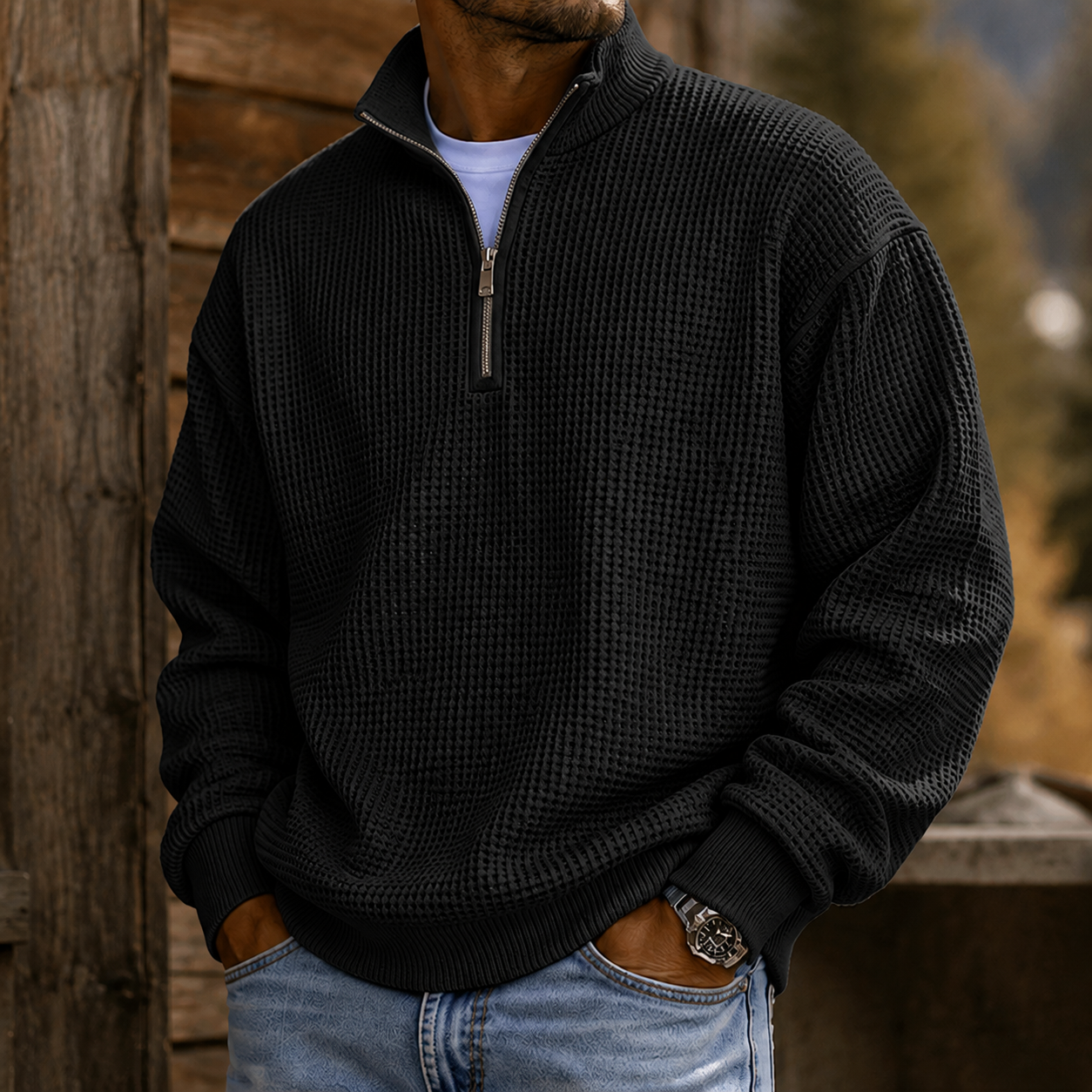 Mivanity Men's Premium Waffle Knit Quarter Zip Pullover Casual Outdoor Sweater