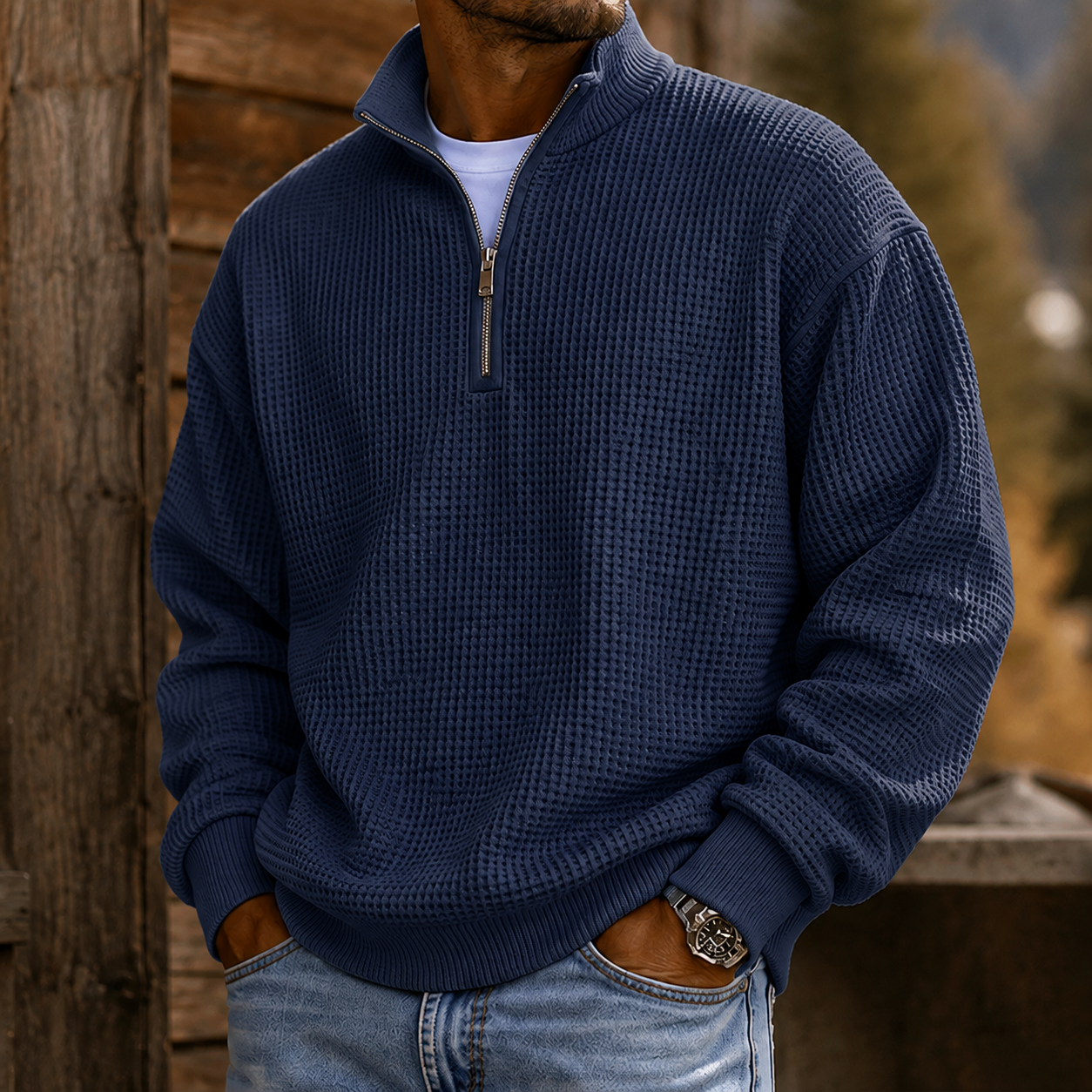 Mivanity Men's Premium Waffle Knit Quarter Zip Pullover Casual Outdoor Sweater