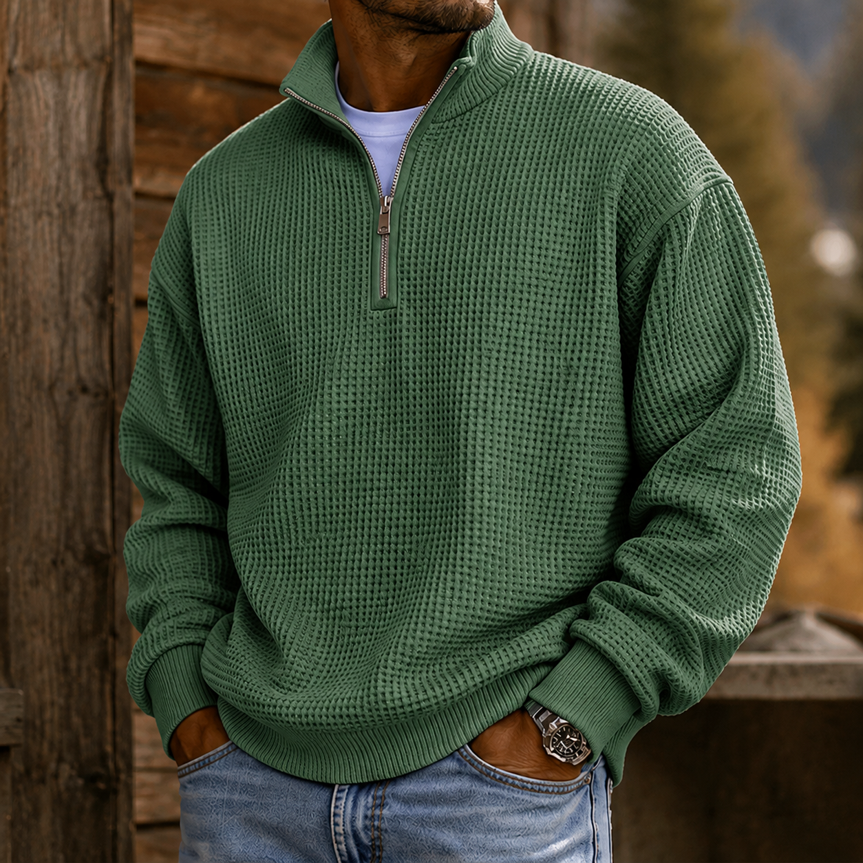 Mivanity Men's Premium Waffle Knit Quarter Zip Pullover Casual Outdoor Sweater