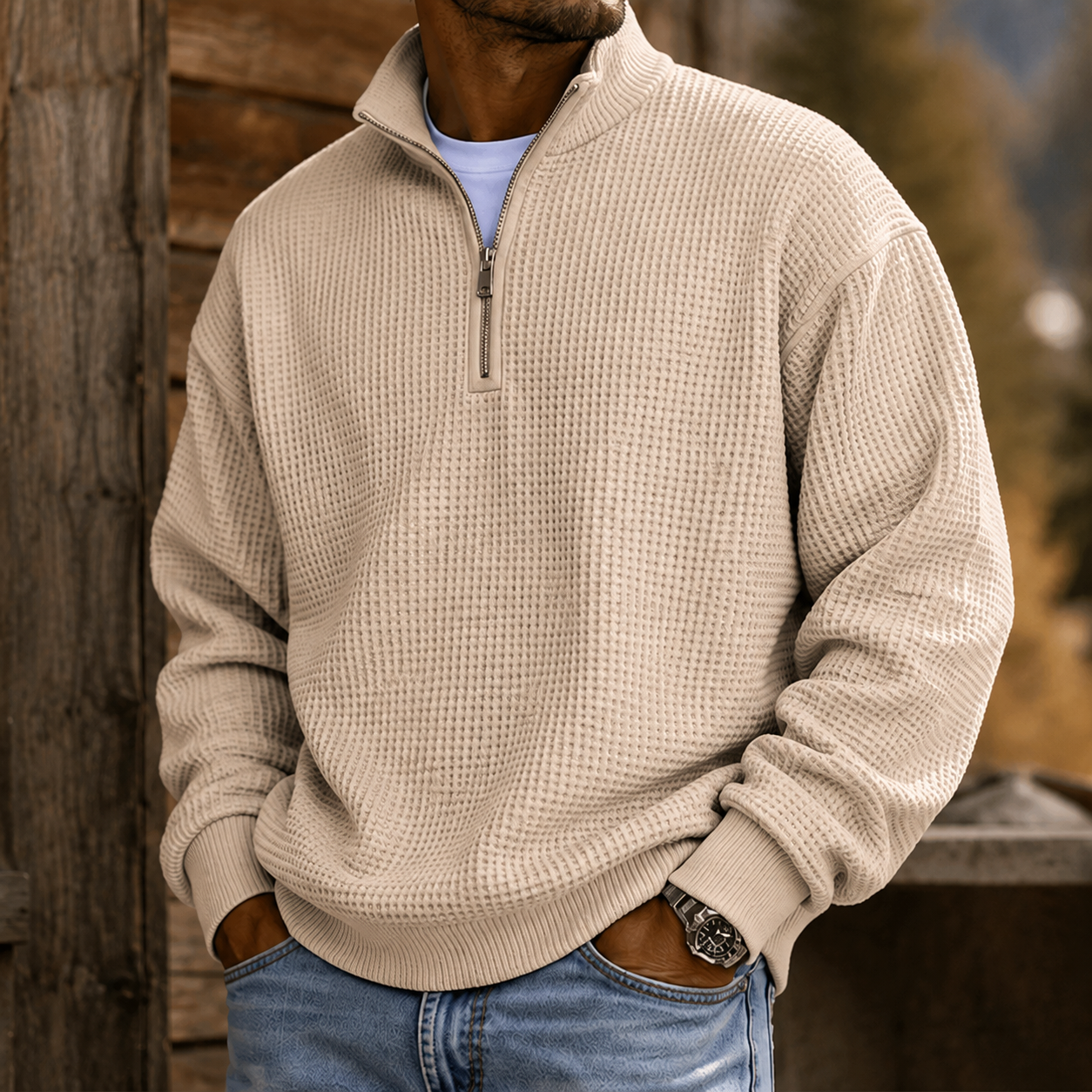 Mivanity Men's Premium Waffle Knit Quarter Zip Pullover Casual Outdoor Sweater