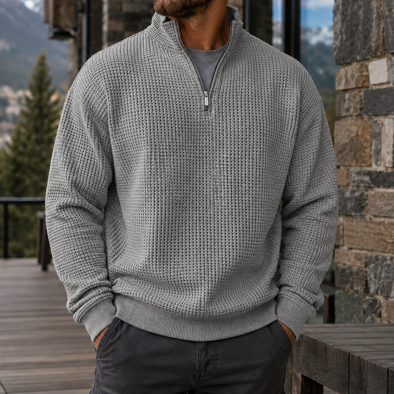 Mivanity Men's Premium Waffle Knit Quarter Zip Sweater Outdoor Casual Pullover