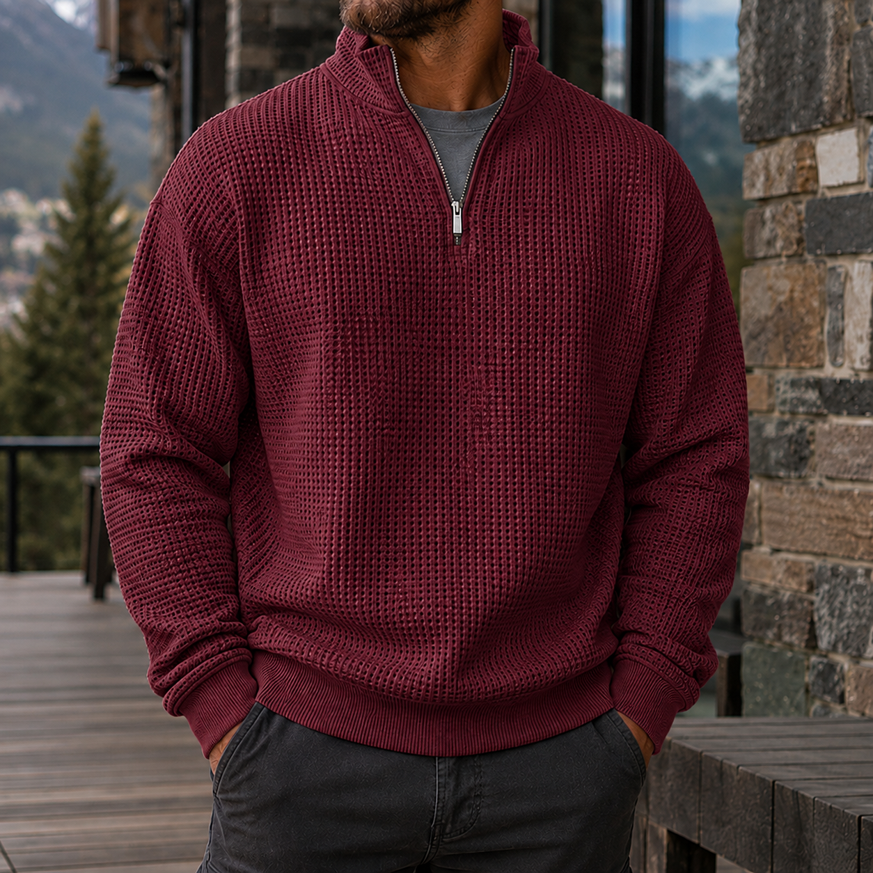 Mivanity Men's Premium Waffle Knit Quarter Zip Sweater Outdoor Casual Pullover