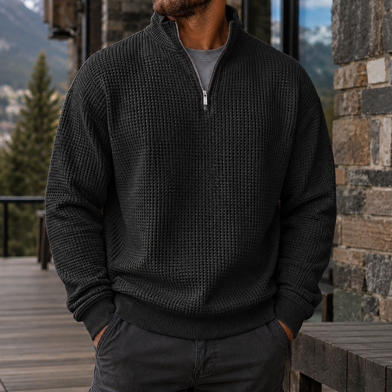 Mivanity Men's Premium Waffle Knit Quarter Zip Sweater Outdoor Casual Pullover