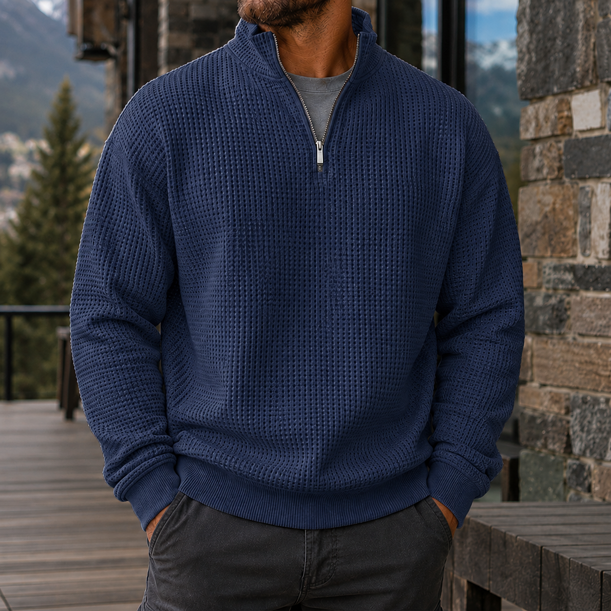 Mivanity Men's Premium Waffle Knit Quarter Zip Sweater Outdoor Casual Pullover