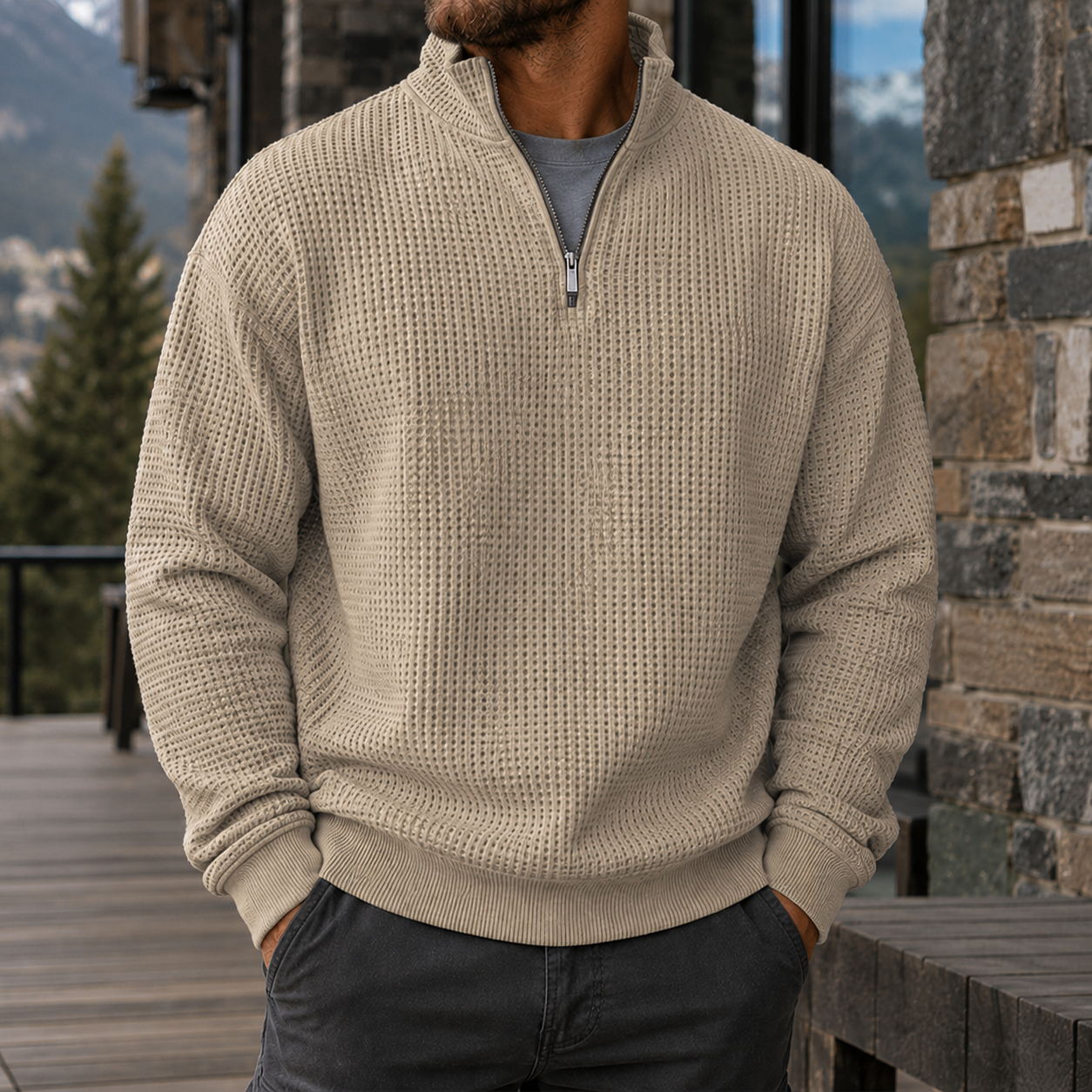Mivanity Men's Premium Waffle Knit Quarter Zip Sweater Outdoor Casual Pullover