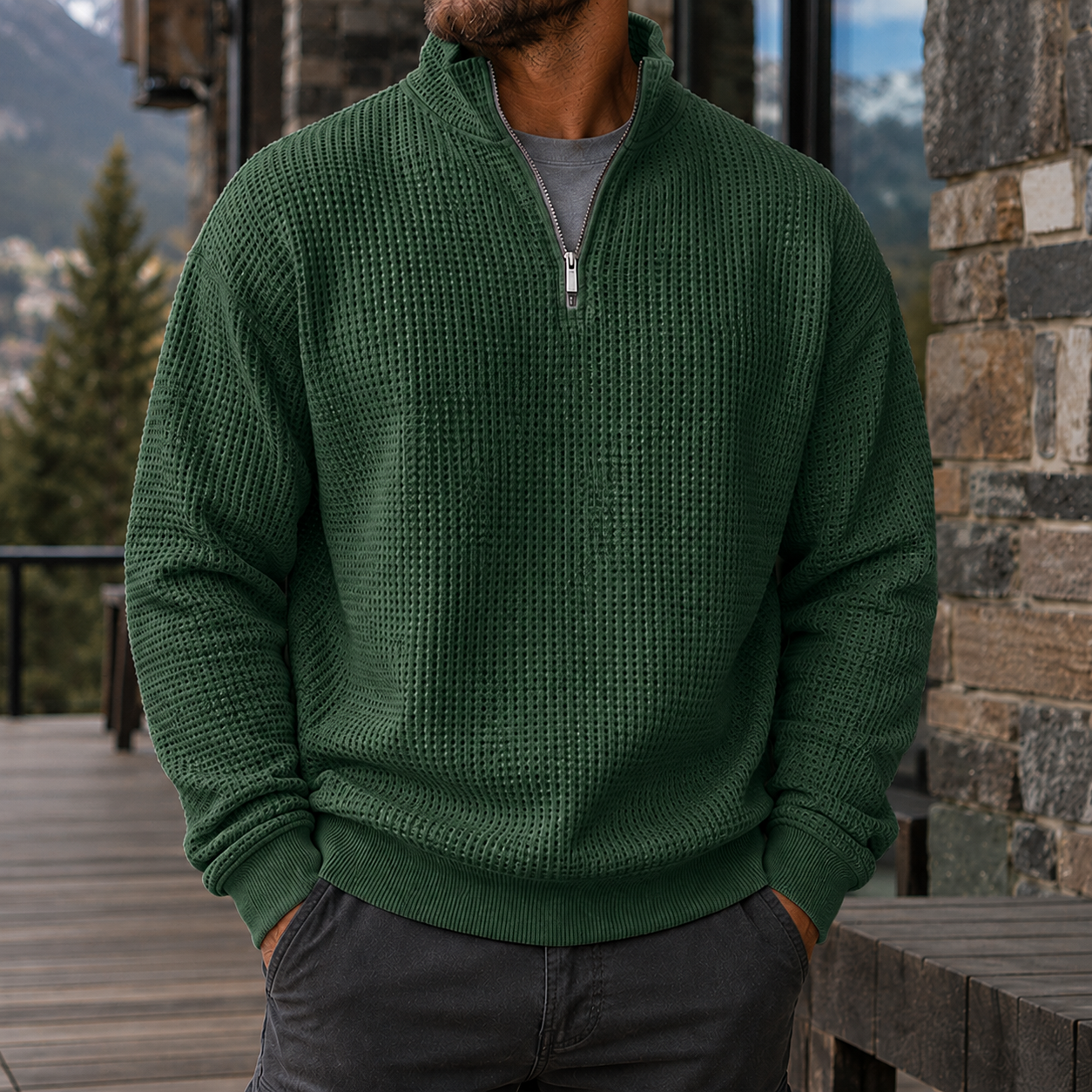 Mivanity Men's Premium Waffle Knit Quarter Zip Sweater Outdoor Casual Pullover