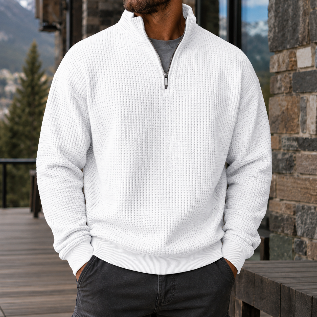 Mivanity Men's Premium Waffle Knit Quarter Zip Sweater Outdoor Casual Pullover