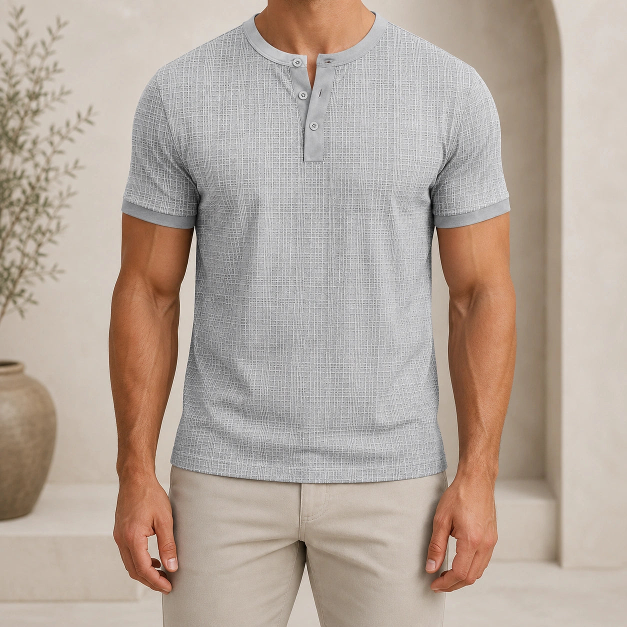 Mivanity Men's Relaxed Fit Retro Style Henley Linen T-Shirt