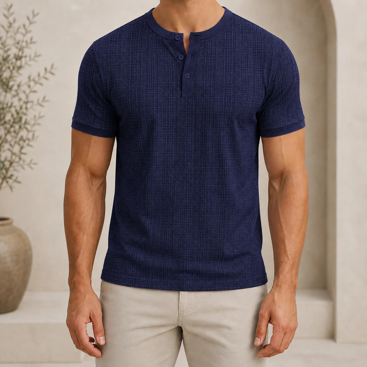 Mivanity Men's Relaxed Fit Retro Style Henley Linen T-Shirt