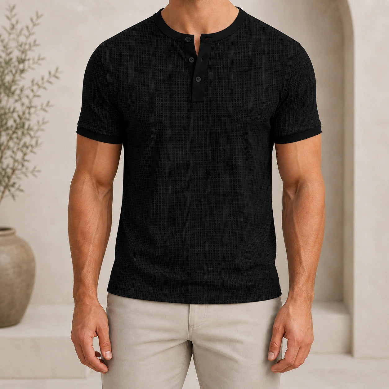 Mivanity Men's Relaxed Fit Retro Style Henley Linen T-Shirt