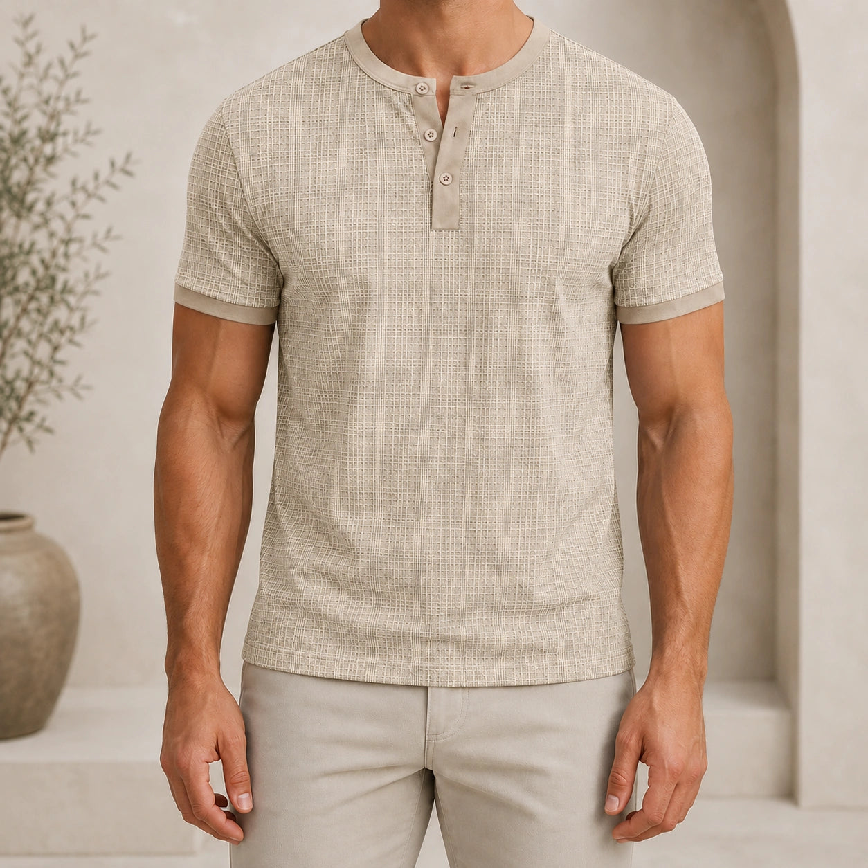 Mivanity Men's Relaxed Fit Retro Style Henley Linen T-Shirt