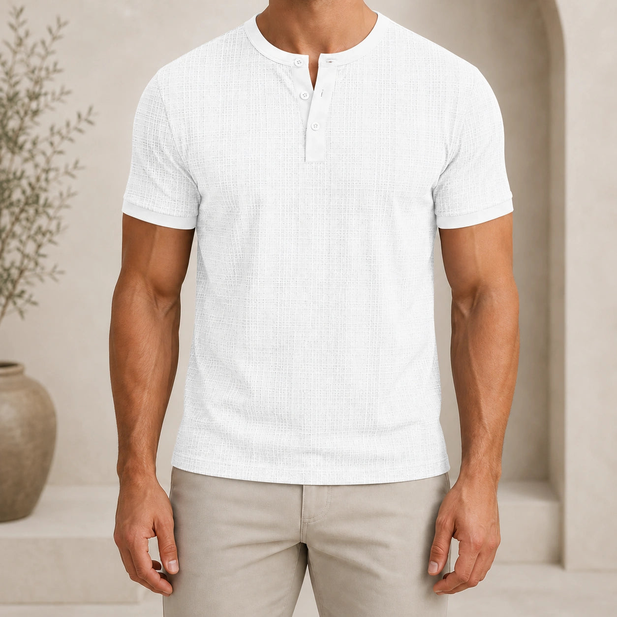 Mivanity Men's Relaxed Fit Retro Style Henley Linen T-Shirt